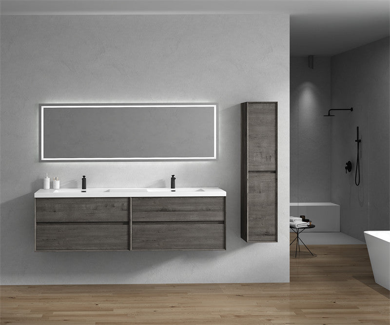 Ashley 84'' Floating Vanity, Acrylic Top, Double Sink, Smoke Oak