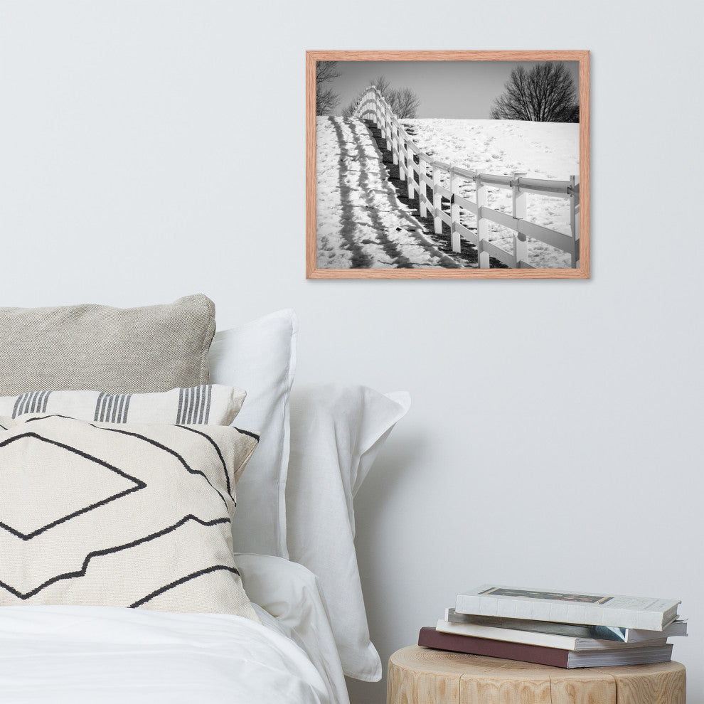 Endless Fences in Black & White Rural Landscape Framed Photo Paper Art Prints, Red Oak, 16" X 20"