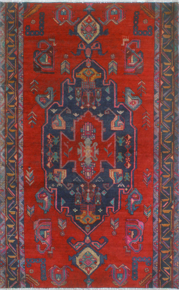 Fine Vintage Distressed Yadiel Red/Navy Rug, 5'6x9'0