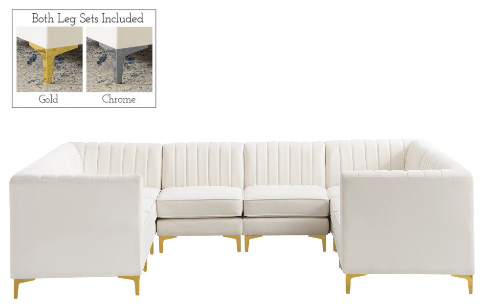 Alina Velvet Modular U-Shaped Sectional, Cream, 8-Piece: 4 Armless Chair, 4 Corner Chair