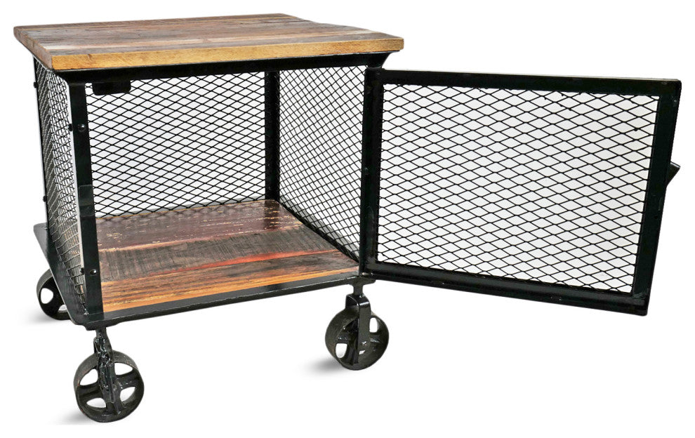 Iron Caster & Salvaged Wood Side Table / Cabinet