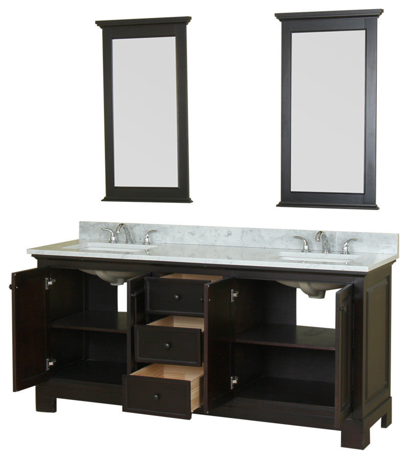 Richmond 72" Double Vanity in Espresso, Carrera Marble Top and Mirror