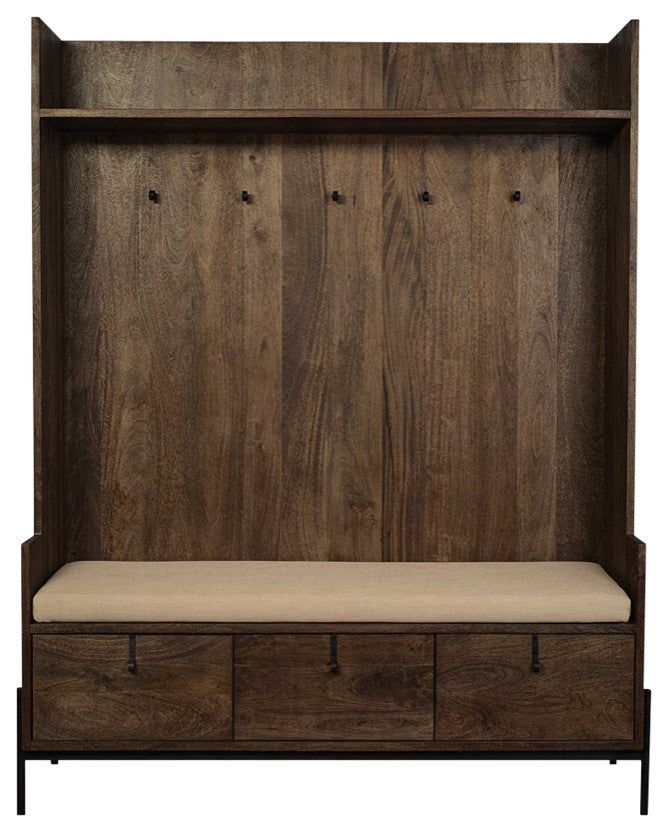 Brown Wood Cream Fabric Wrapped Seat Hall Tree With Storage