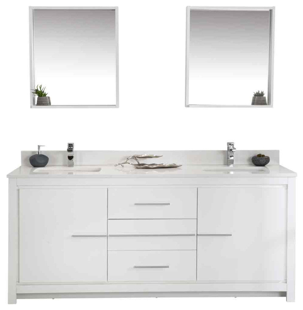 Mila Collection 72" Bathroom Vanity With Sink, Mirror, Countertop, Snow White