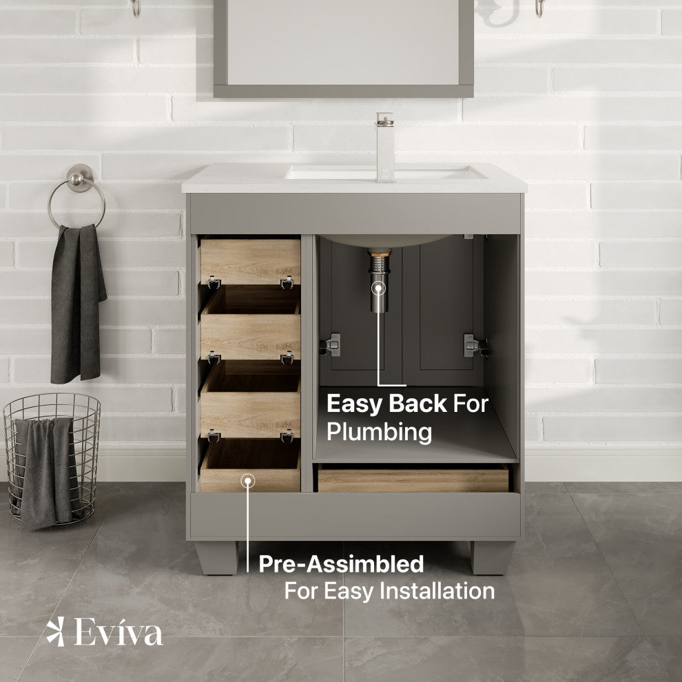 Eviva Happy 30"Wx18" Bathroom Vanity, White Carrara Quartz Countertop
