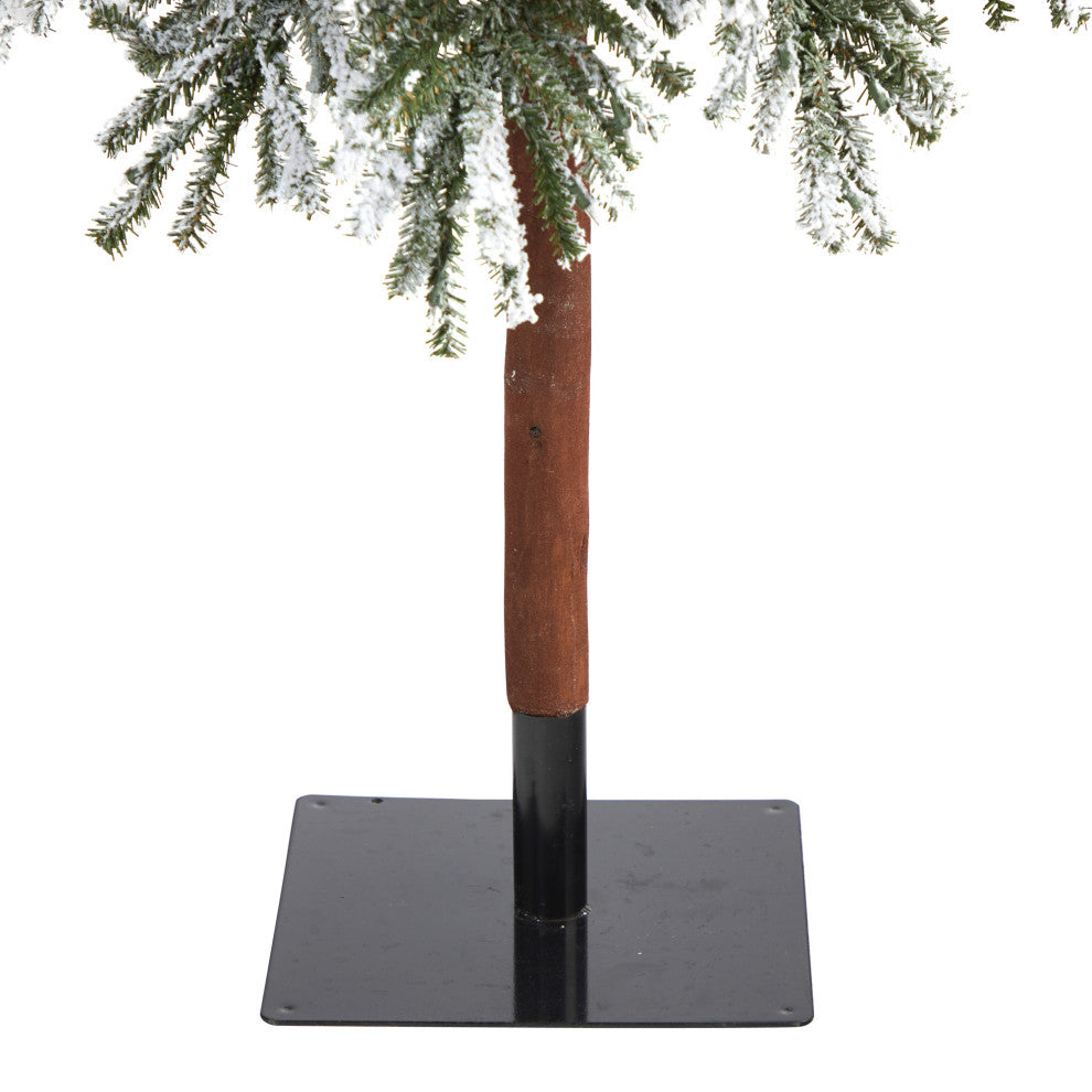 9' Flocked Grand Alpine Faux Xmas Tree W/Lights & Natural Trunk