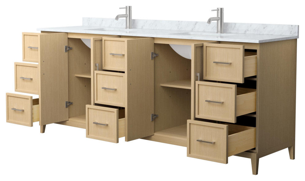 Elan 84" Double Vanity, White Oak, White Carrara Marble Top, Nickel Trim