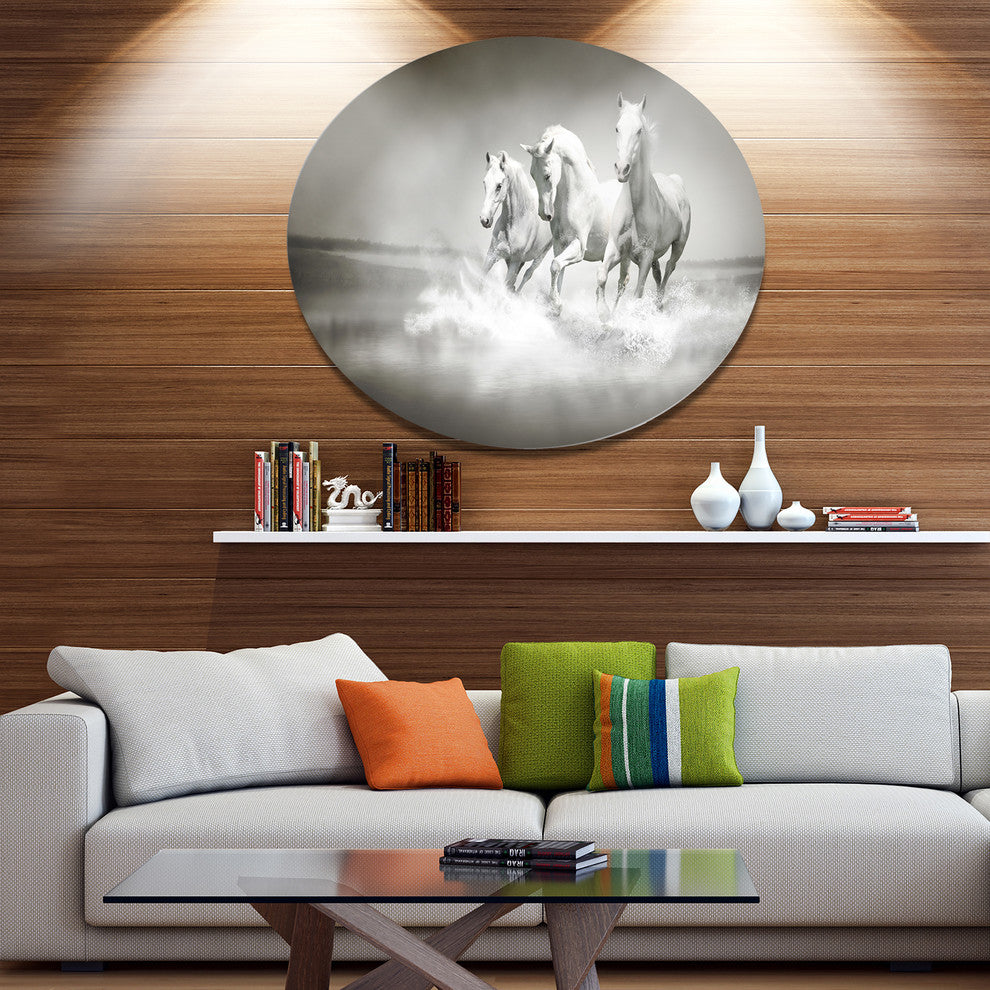 Horses Running Through Water, Animal Disc Metal Wall Art, 36"