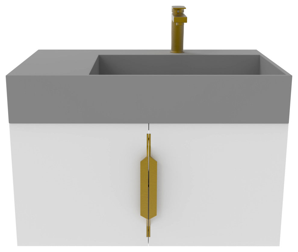 CastelloUSA Amazon 30" Right Wall Mounted Bathroom Vanity Set, White, Gray Top, Gold