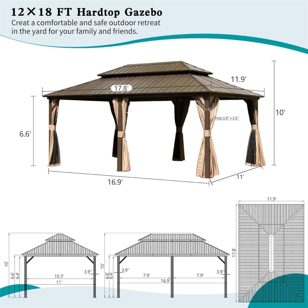 Hardtop Gazebo, Aluminum Metal Gazebo with Galvanized Steel Double Roof, Brown