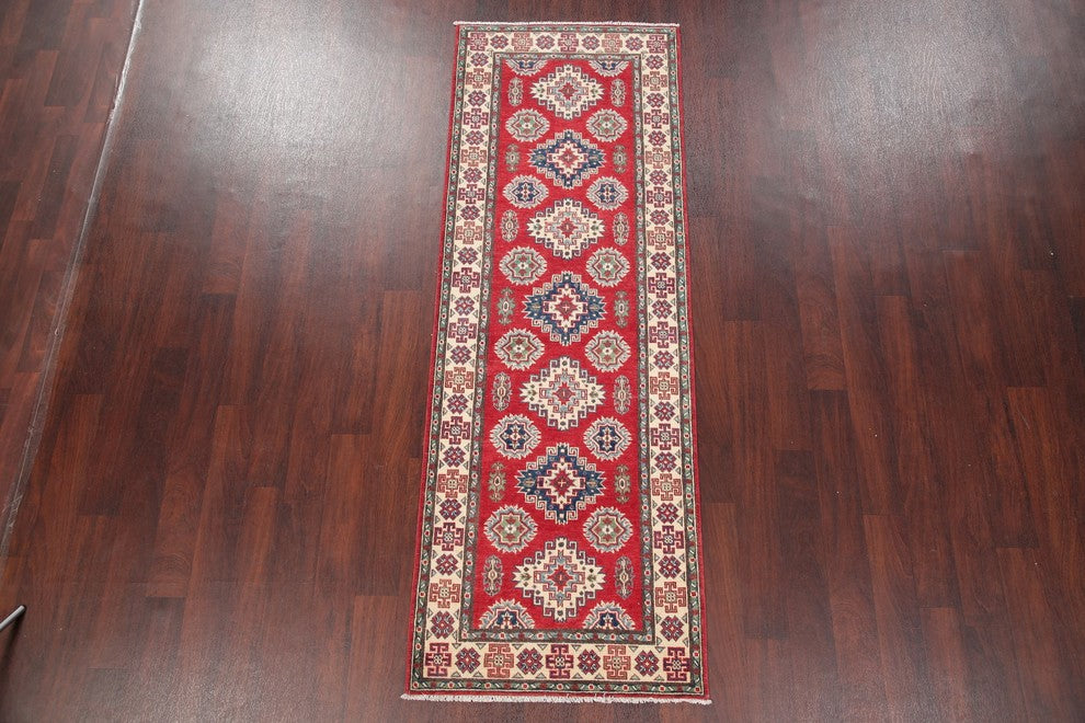 Pakistani Kazak Traditional Oriental Hand-Knotted Runner Rug, Red, 7'11"X2'9"