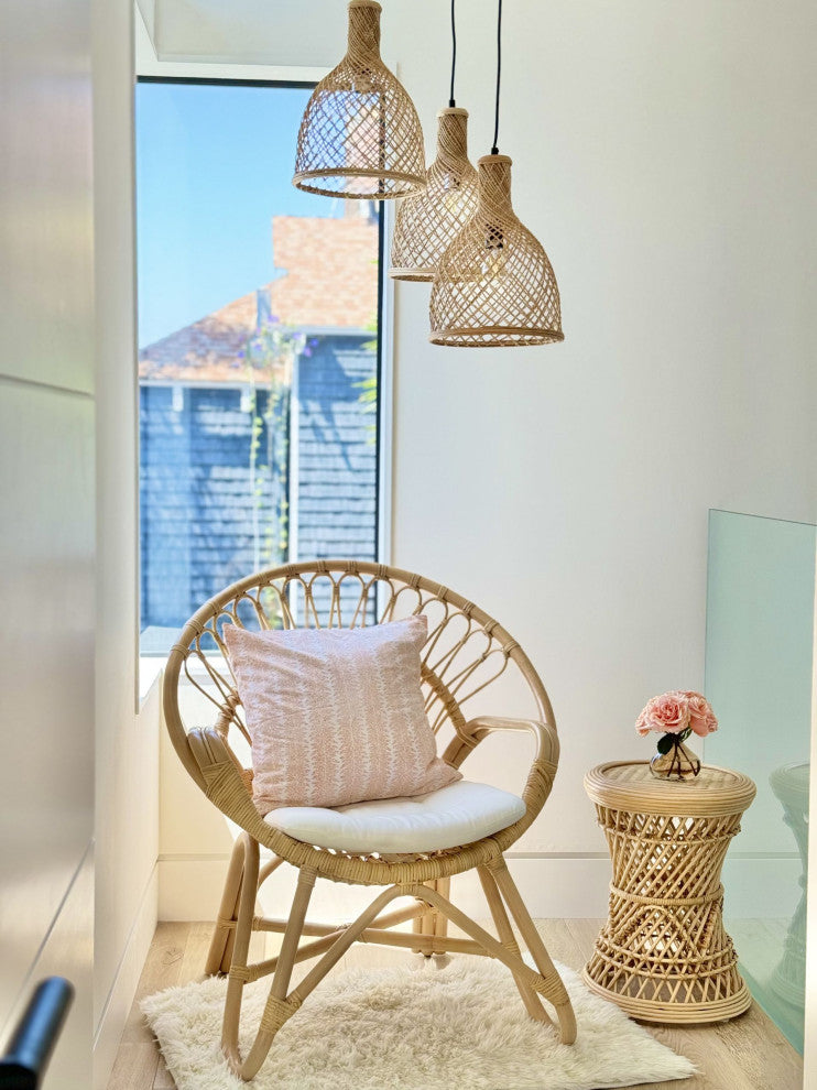 Peacock Rattan Side Table With Glass Top, Natural-Brown