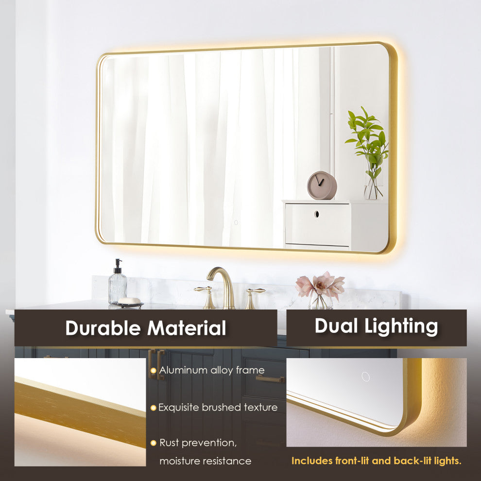 Dazzle Rectangular Bathroom/Vanity LED Lighted Wall Mirror, Brushed Gold, 60"