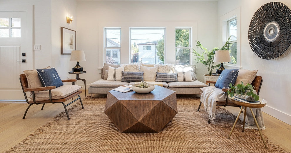 Faceted Large Round Light Wood Coffee Table Modern Geometric Block Solid