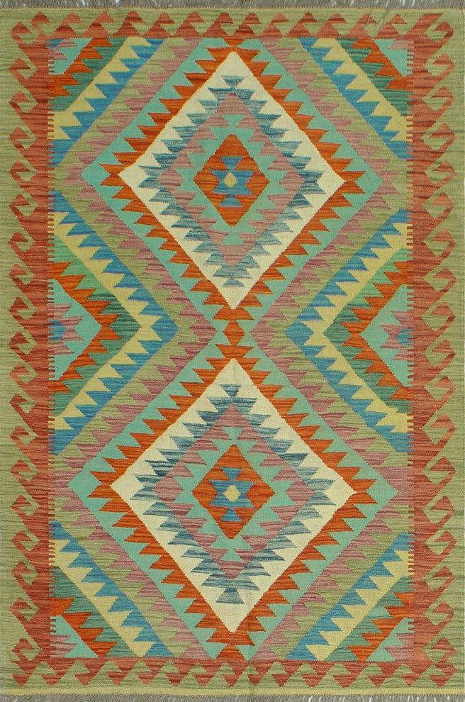 Sangat Flatweave Boran Brown/Lt. Green Rug, 4'0 x 6'0