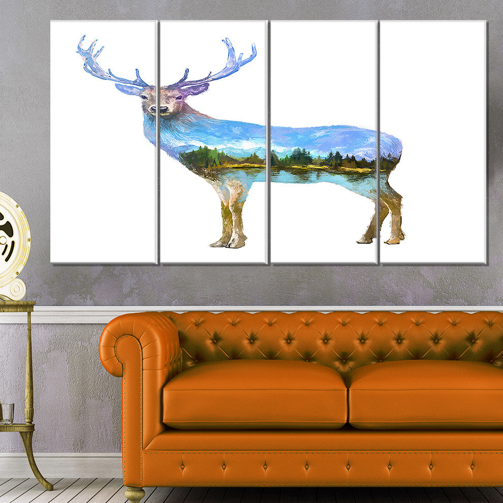 Deer Double Exposure Illustration, Large Animal Canvas Print, 48"x28", 4 Panels