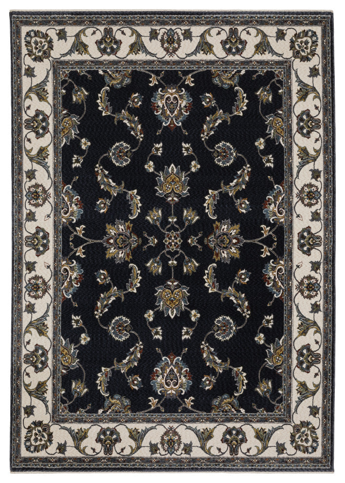 Vaughan Bordered Traditional Navy/ Ivory Fringe Edge Rug 7'10" x 10'10"