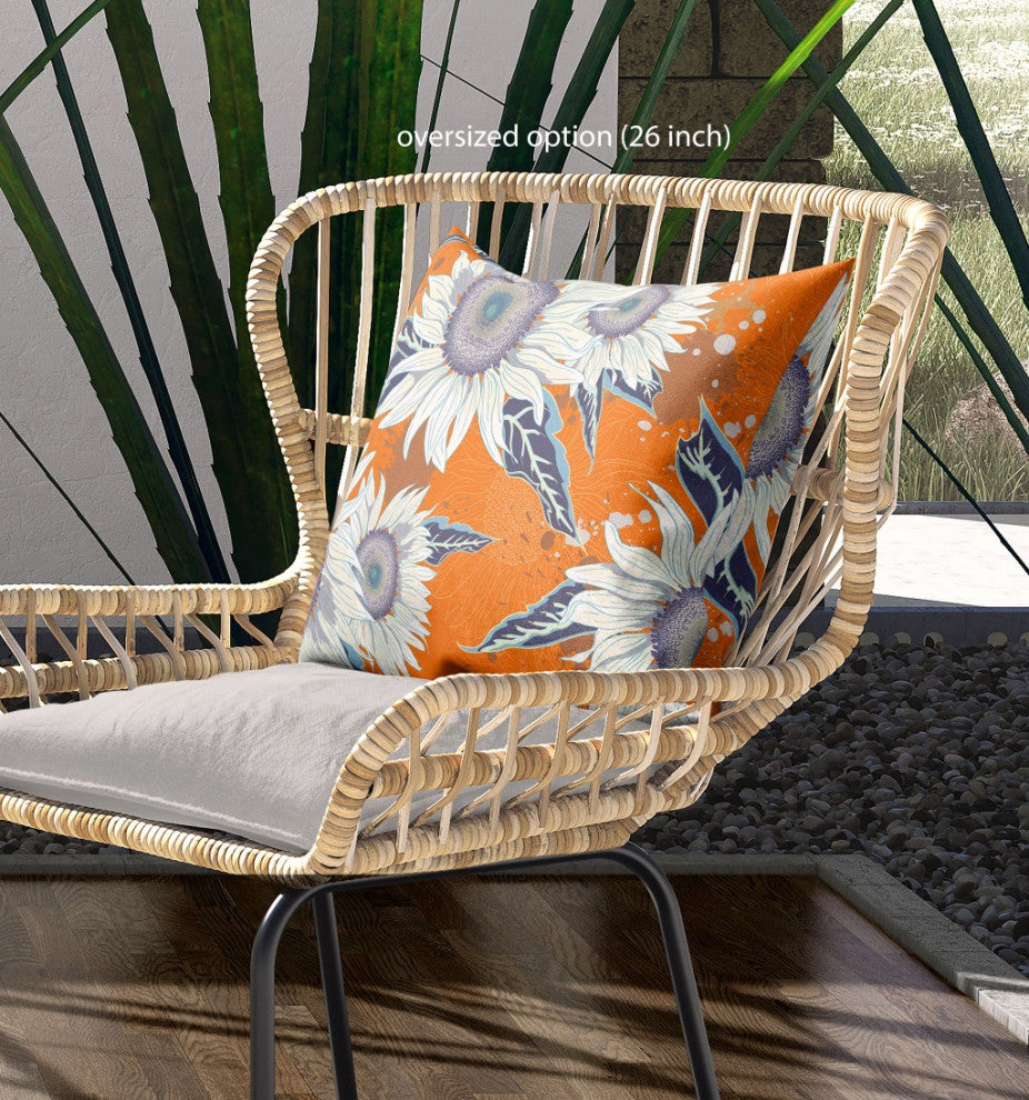 26" Orange White Sunflower Indoor Outdoor Zippered Throw Pillow