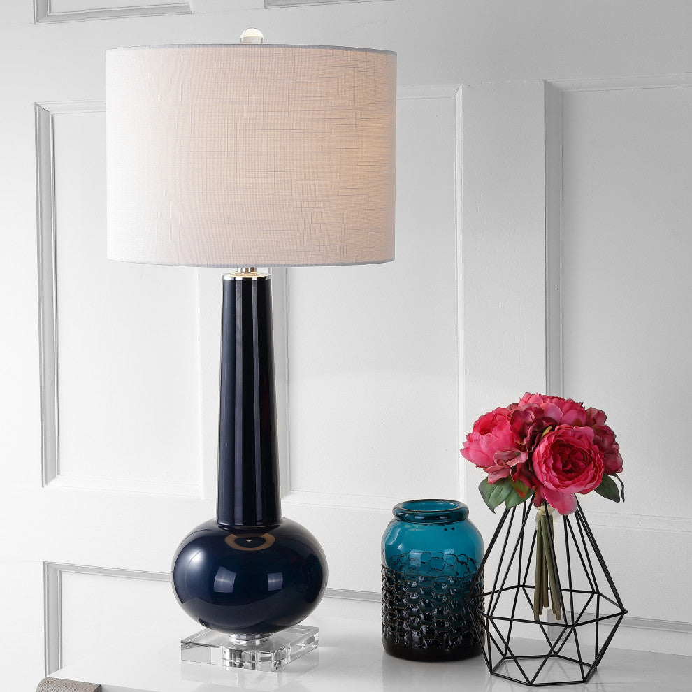 Hope 31" Glass Table Lamp, Navy With Crystal Base, Navy