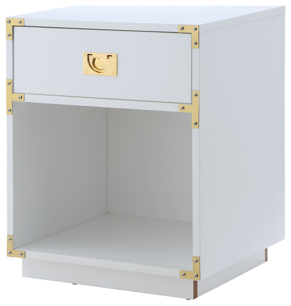 Leandro High Gloss Nightstand With Metal Corner Brackets, White