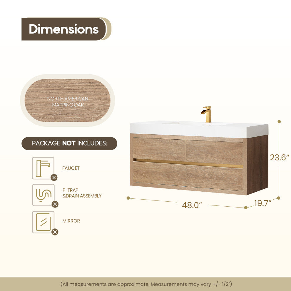 Palencia Floating Bath Vanity With Composite Stone Top, North American Oak, 48", No Mirror