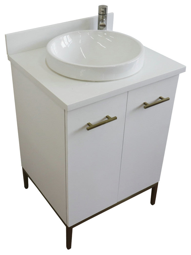 25" Single Sink Vanity, White Finish With Engineered Stone Top And Round Sink