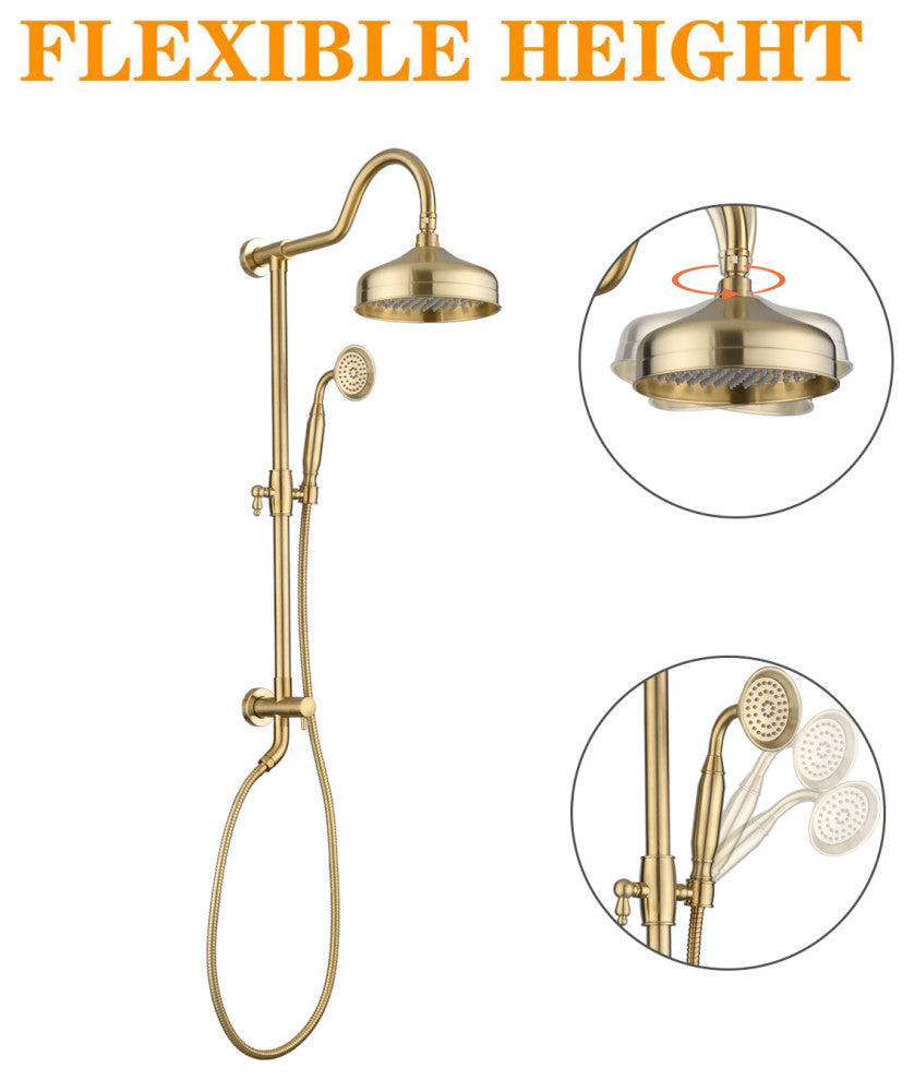 Antique Brass Exposed Pipe Shower With Handheld Shower, Brushed Gold