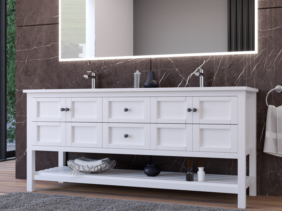 CastelloUSA Alicia 72" Freestanding Vanity Set, White, White Top, Black Handles