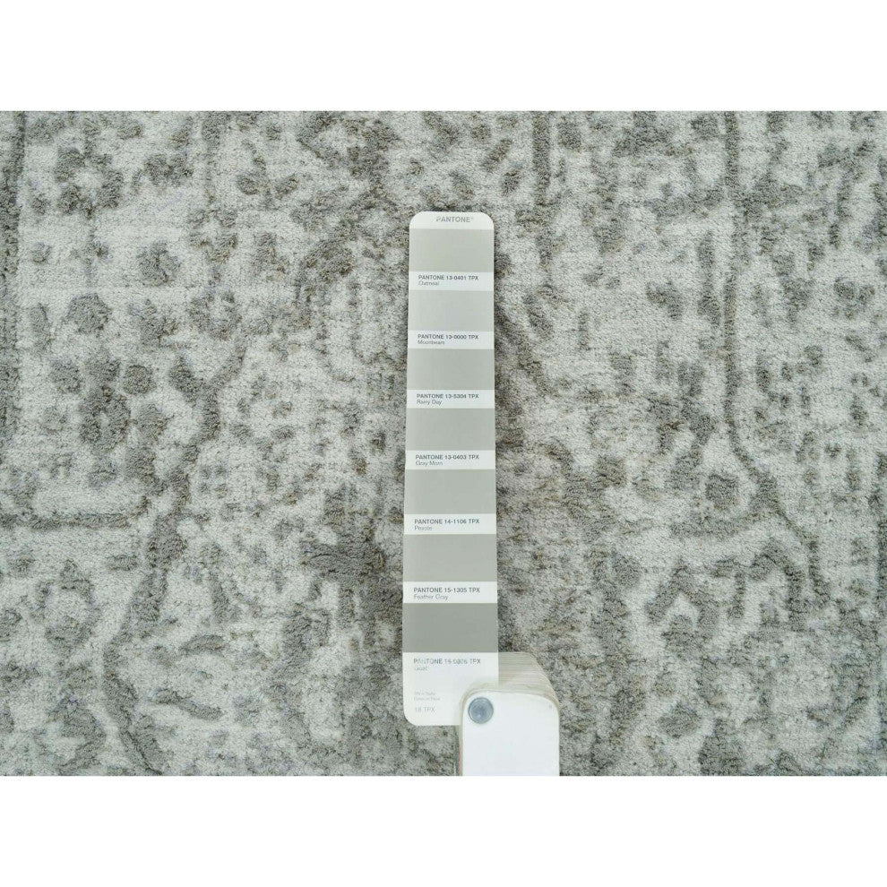 Goose Gray Zoroastrian Hand Knotted Wool and Silk XL Runner Rug, 2'6"x15'10"