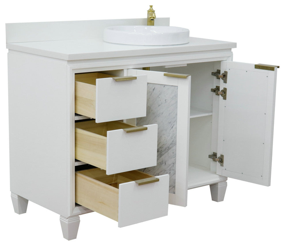 43" Single Vanity, White Finish With White Engineered Stone Top