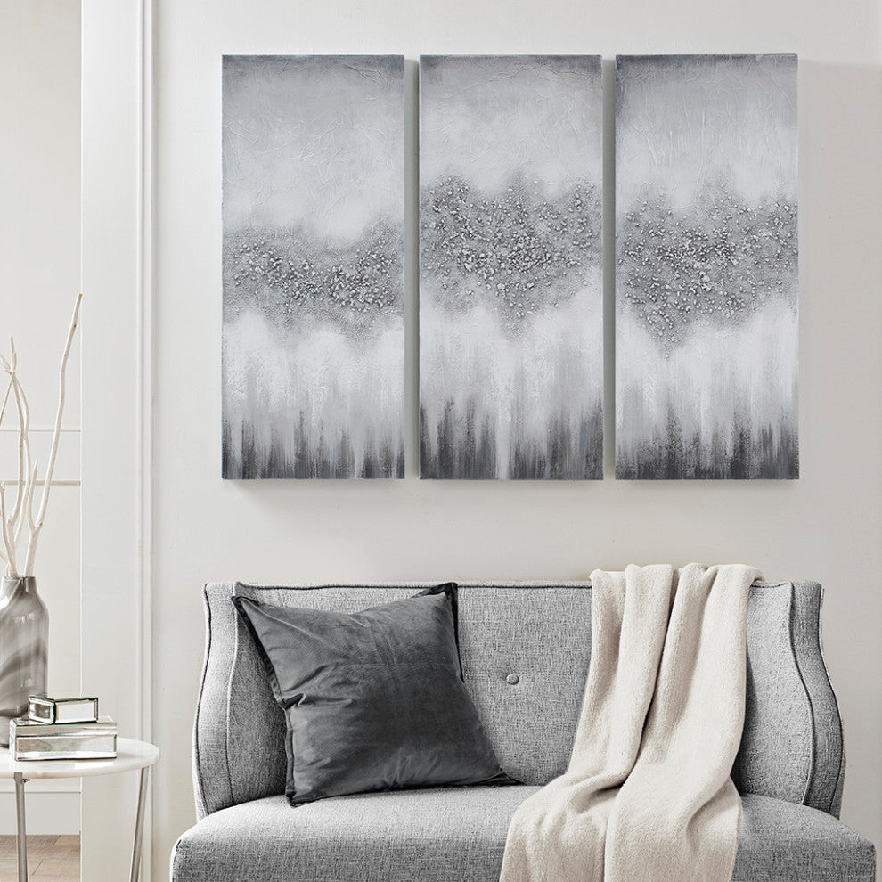 Madison Park Luminous Hand Painted Heavy Textured Glitz Canvas 3 Piece Set, Grey