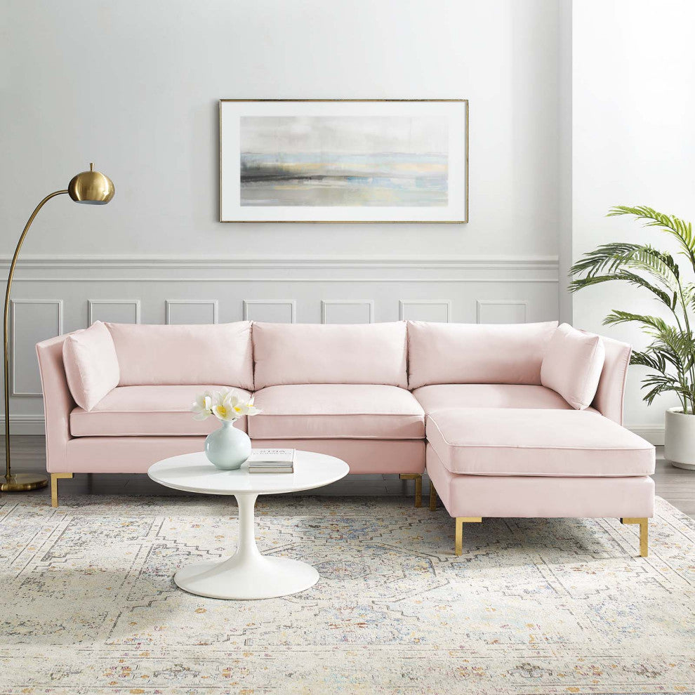 Sectional Sofa Set, Velvet, Pink, Modern, Living Lounge Hotel Lobby Hospitality