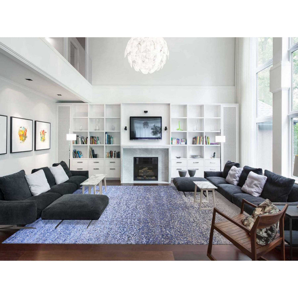 Denim Blue, Pure Silk and Wool, Modern Hand Knotted Oversized Rug, 12'0"x15'0"