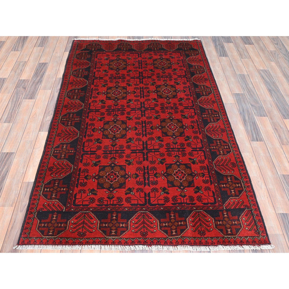 Red, Afghan Andkhoy, Wool, Hand Knotted Oriental Rug, 4'1"x6'3"