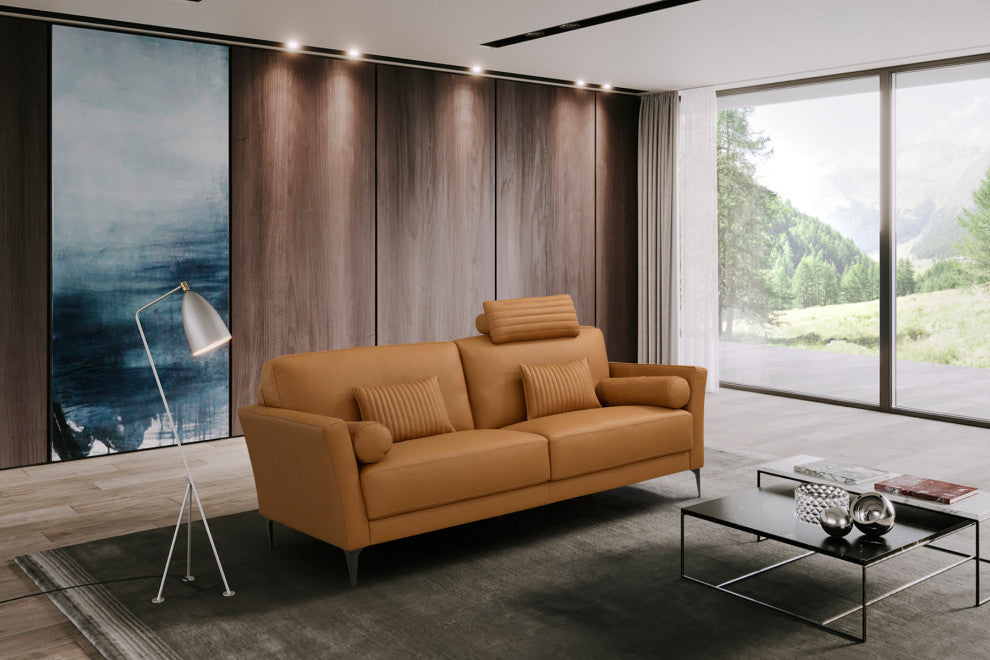 Leather Upholstered Loveseat With Five Pillows, Saddle Tan