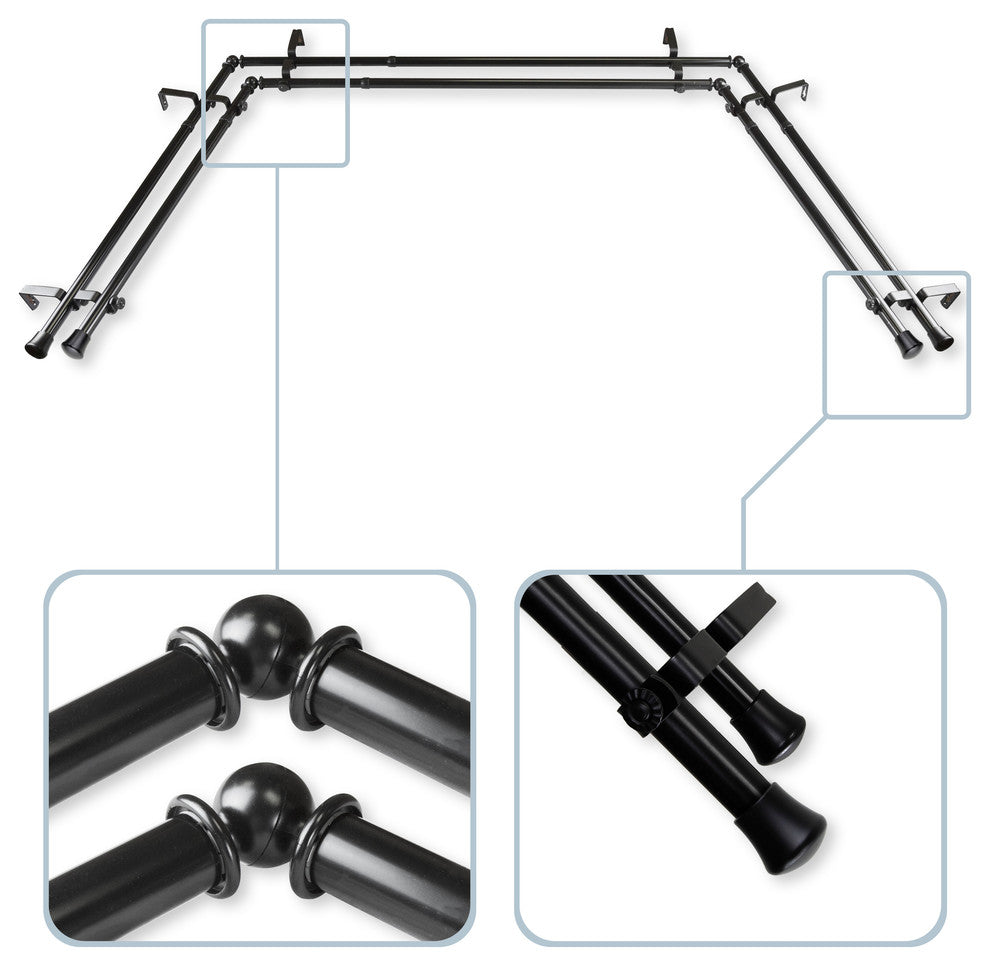 13/16" Bay Window Double Curtain Rod  20"-36", 38"-72" - Black