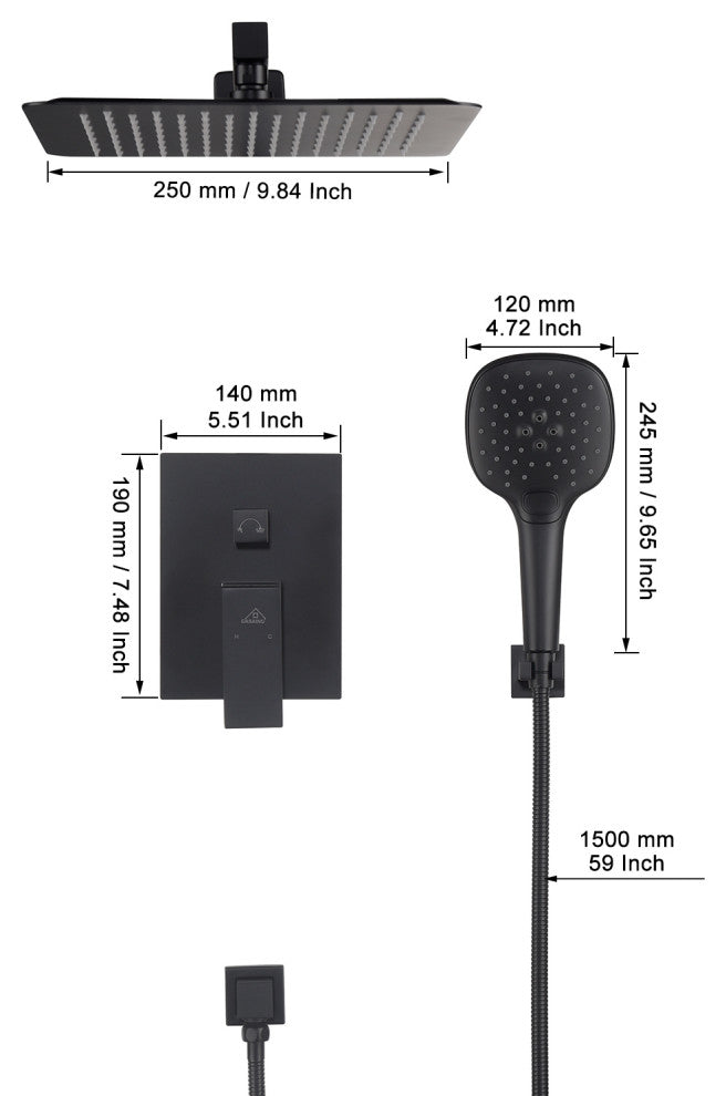 CASAINC 10" Wall Mounted 3 Spray Handheld Rainfall Luxury Shower System Set, Matte Black