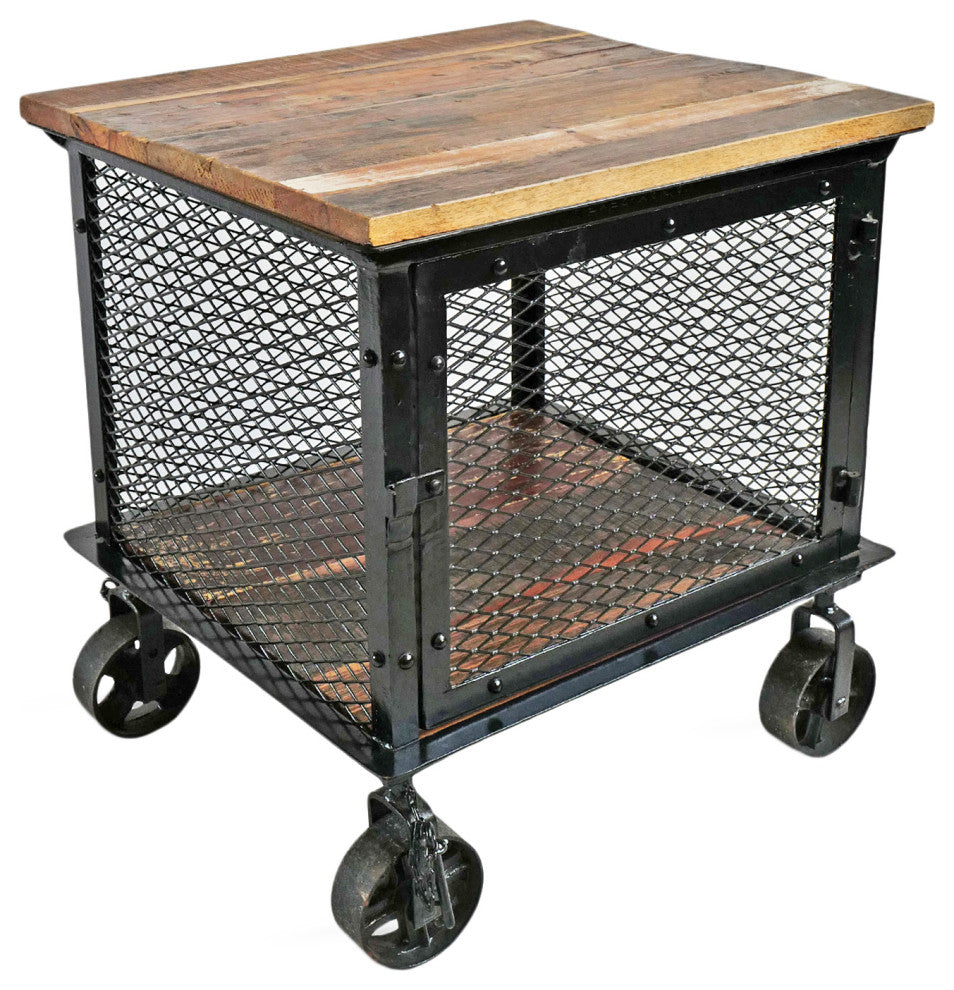 Iron Caster & Salvaged Wood Side Table / Cabinet