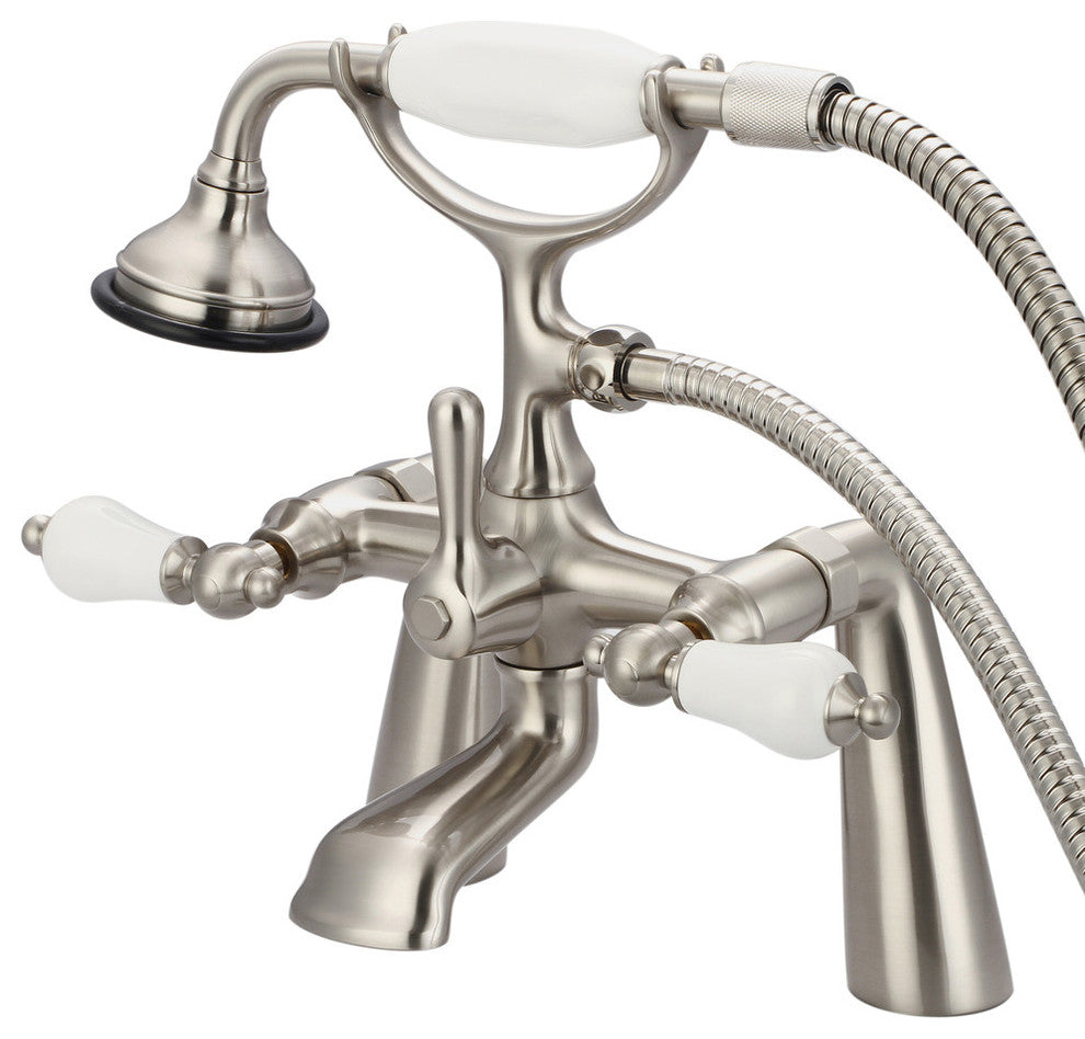 Vintage Classic Deck Mount Tub Faucet With Handshower, Brushed Nickel Finish Wit