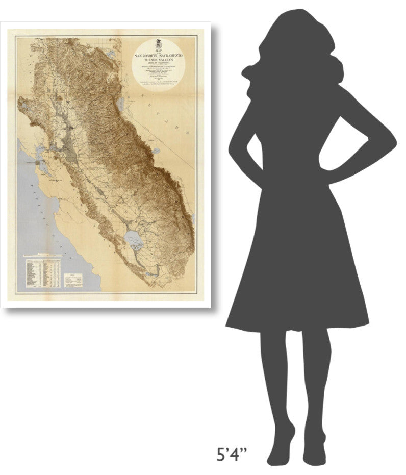 "Map of The San Joaquin, Sacramento and Tulare Valleys, 1873" Paper Art, 31"x42"