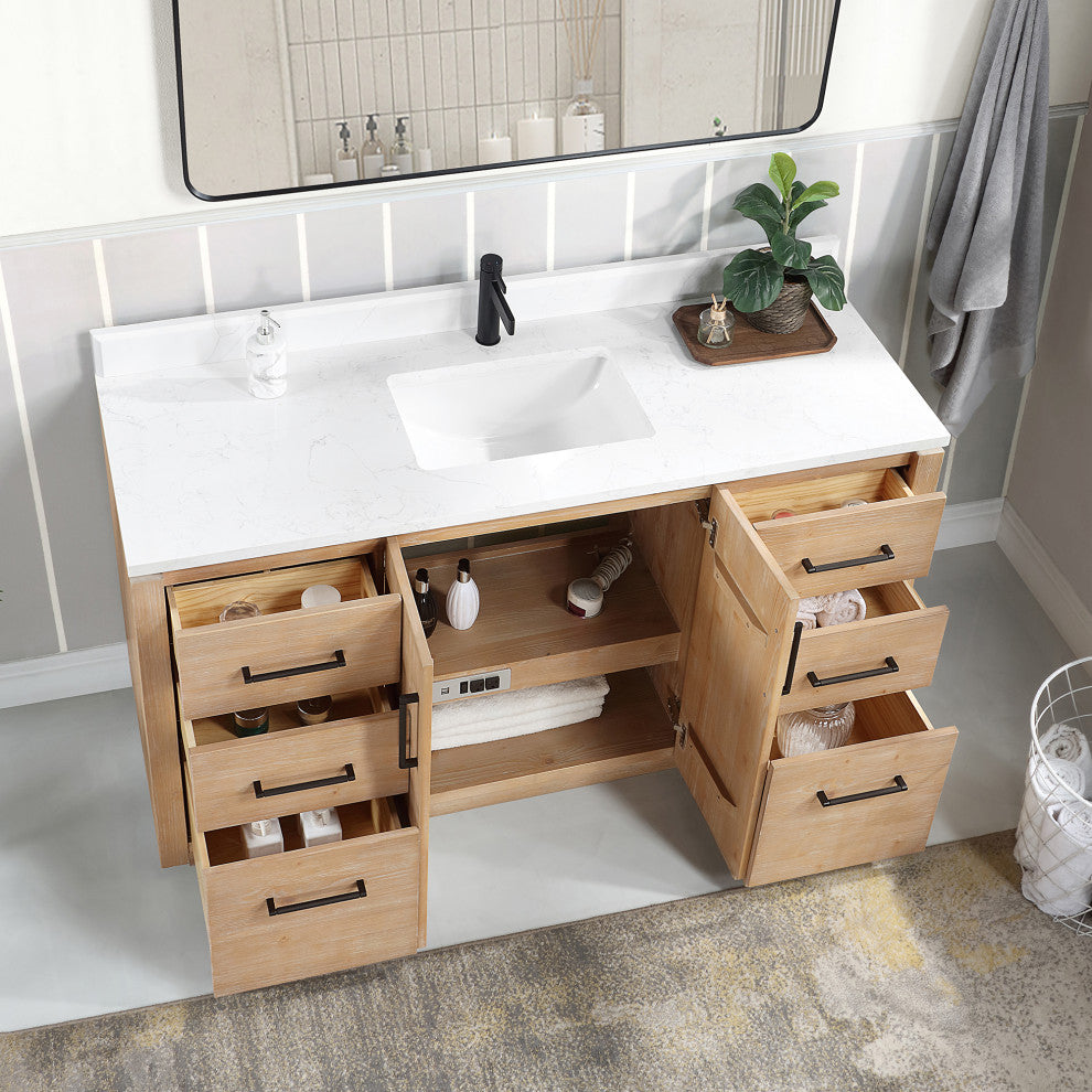 San Bath Vanity with Stone Top, Fir Wood Brown, 60" Single Sink, Single Vanity, With Mirror