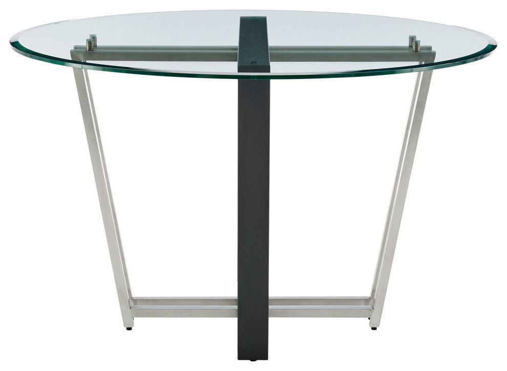 Devi 48" Round Glass Tabletop Dining Table With Stainless Steel and Black Base