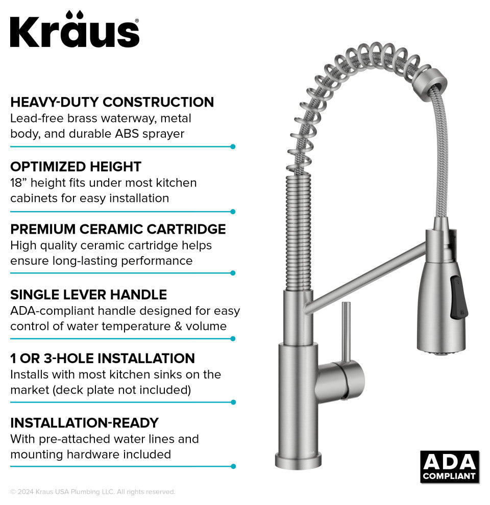 KRAUS Coda Commercial Style 2-Function 1-Handle Pull Down Kitchen Faucet, SFS