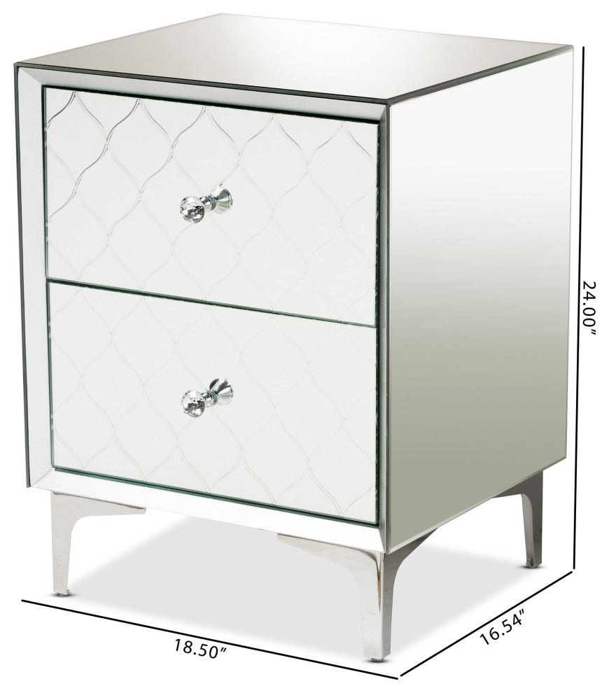 Kacela Silver Finished Metal 2-Drawer Nightstand with Mirrored Glass