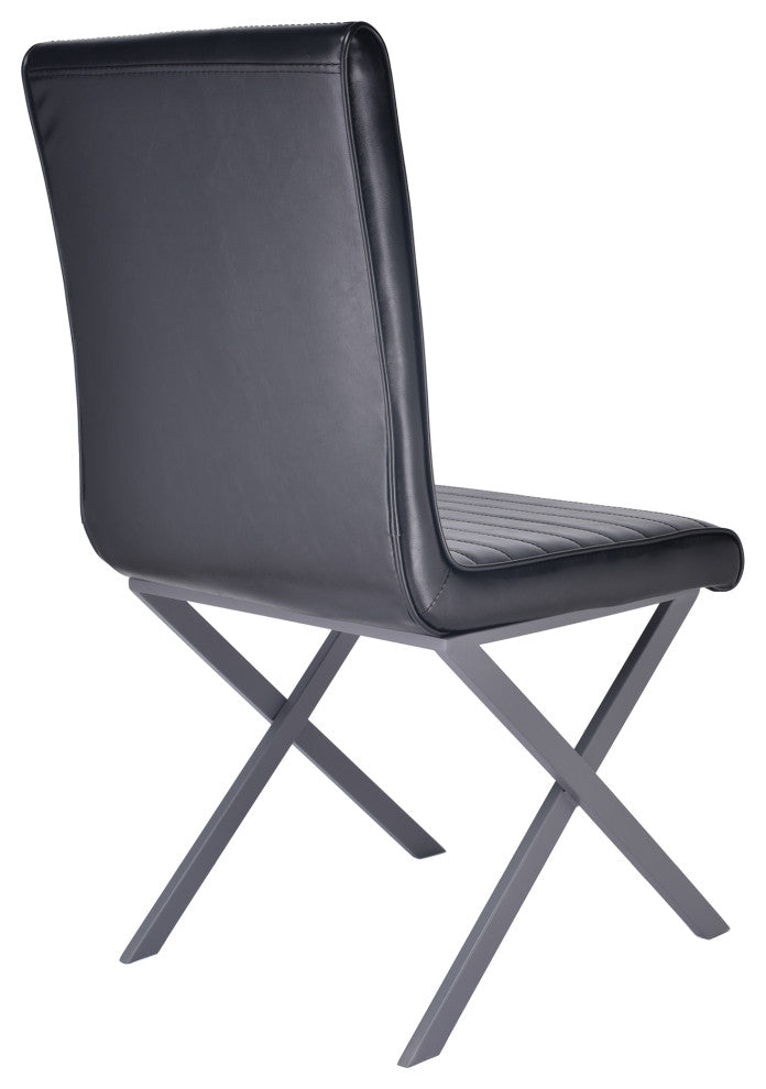 Dining Chair In Gray Powder Coated Finish And Black Faux Leather, Set of 2