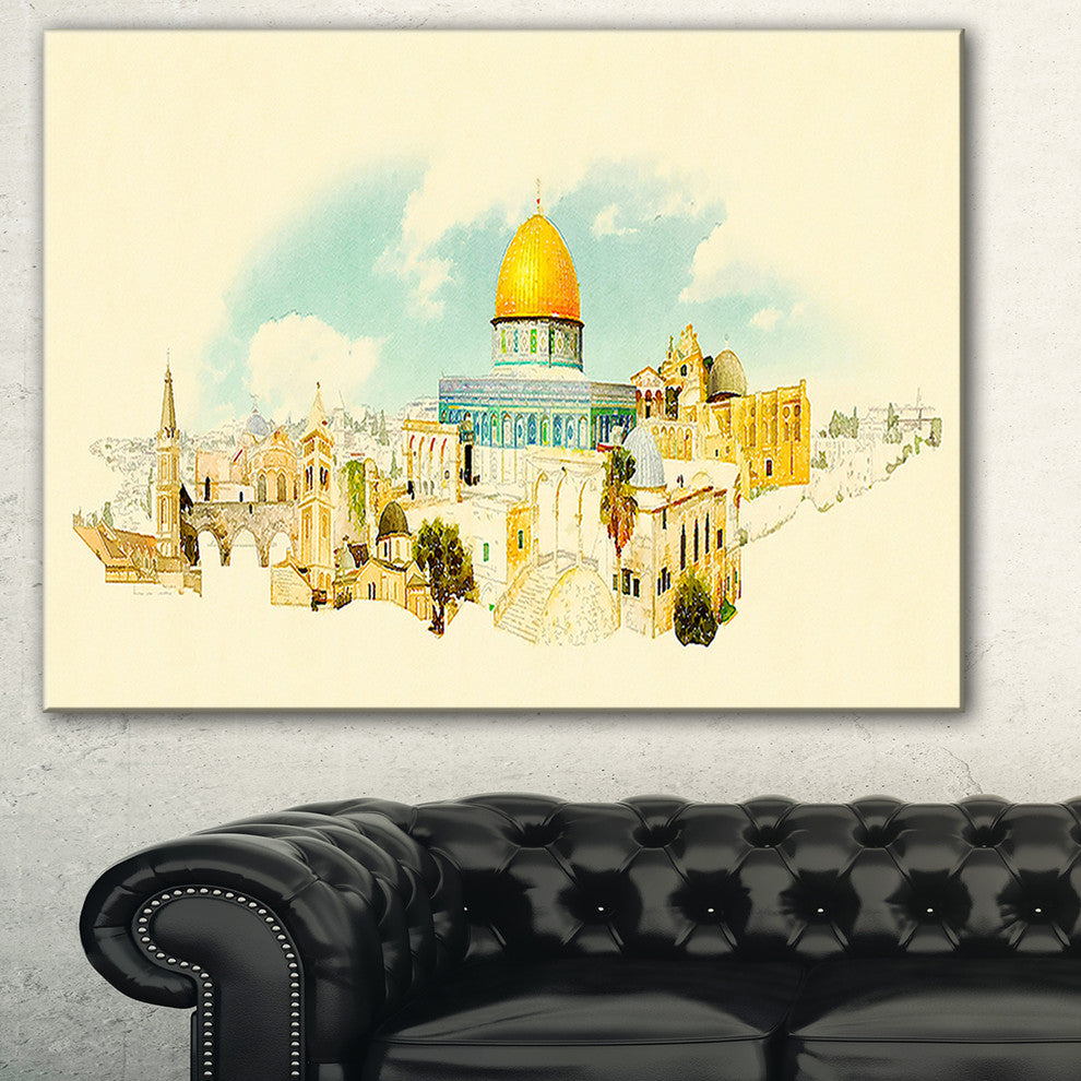 "Jerusalem Panoramic View" Cityscape Watercolor Canvas Print, 40"x30"