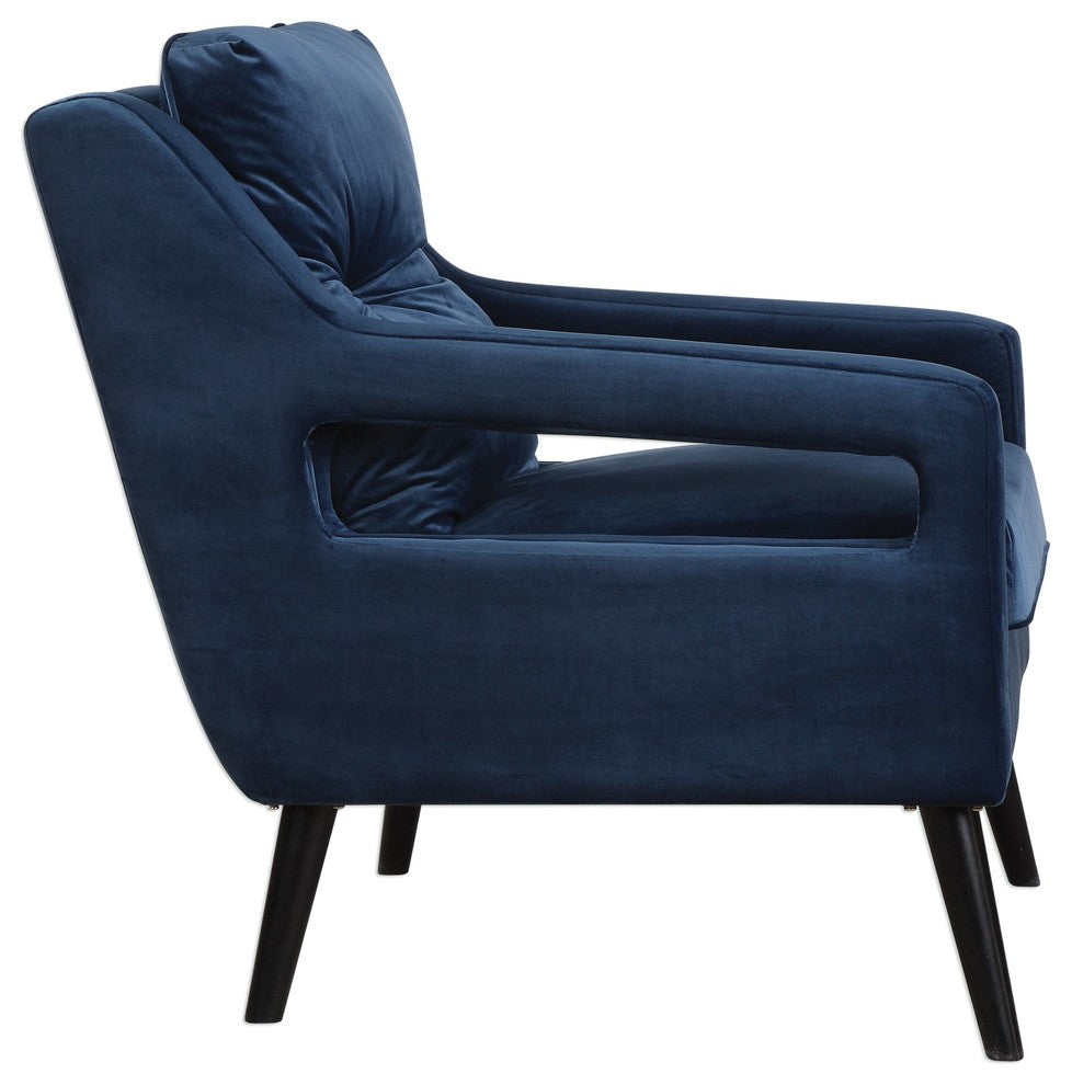 Retro Dark Blue Velvet Arm Chair, Vintage Plush Deep Danish