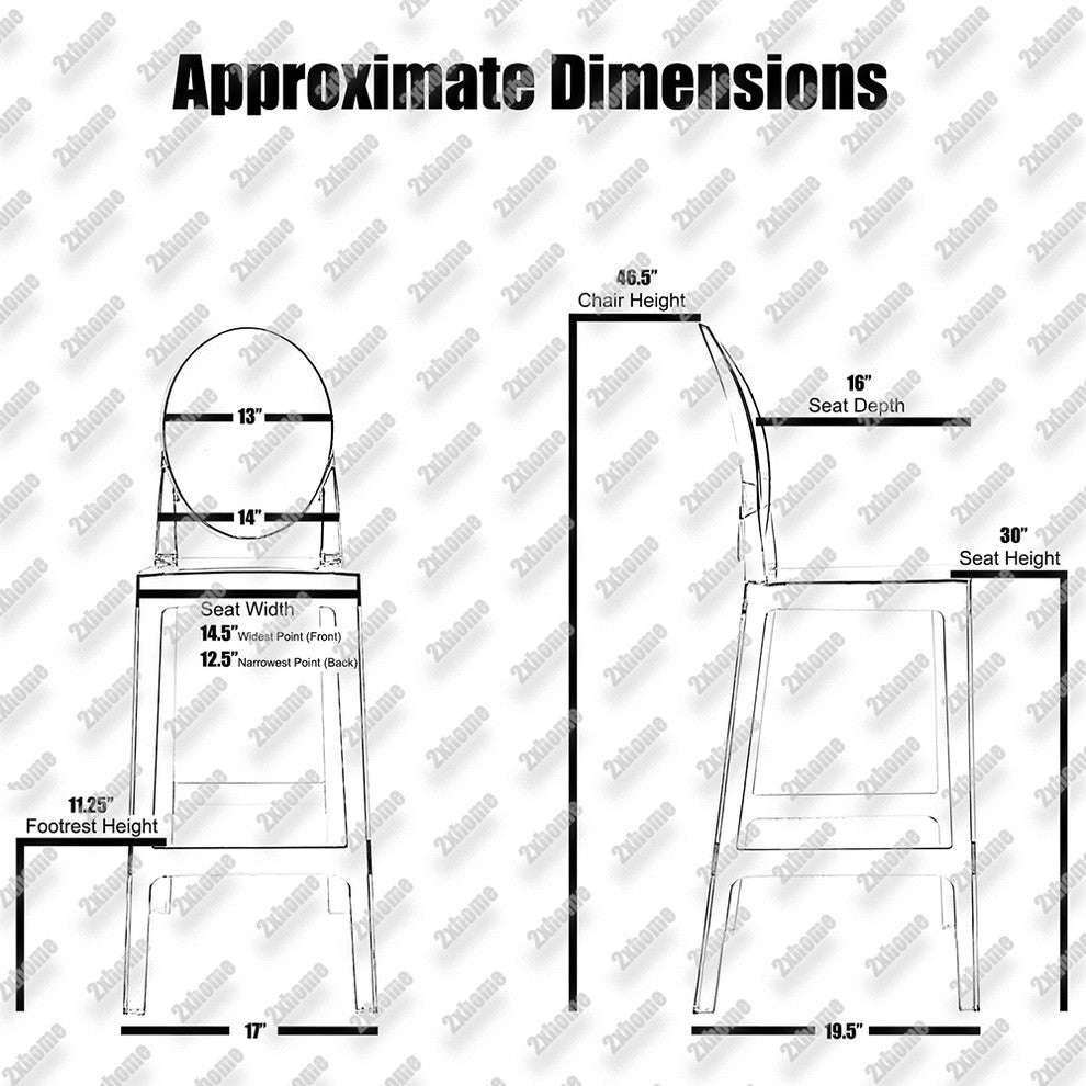Designer Ghost Style Molded Plastic Bar Height Kitchen Stools For Dining, Clear, Set of 2