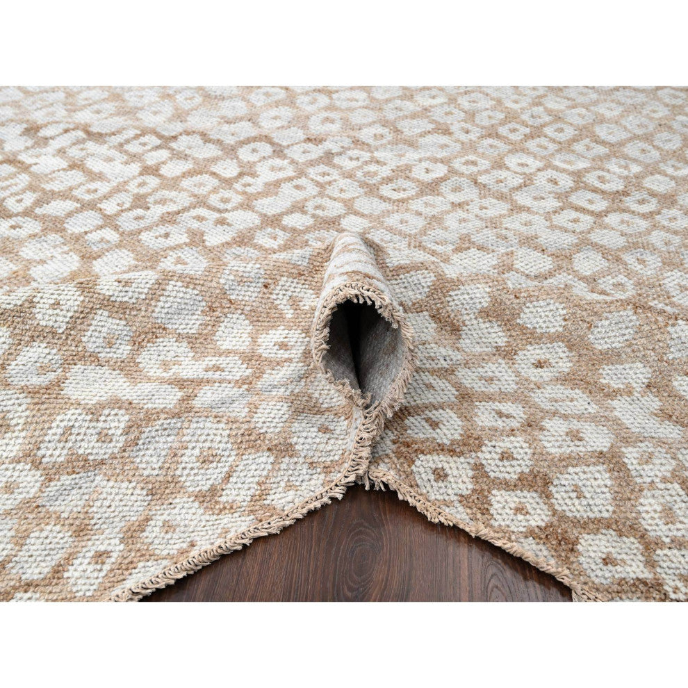 Almond Brown Cropped Thin Hand Knotted Natural Wool Oriental Rug, 9'x11'11"