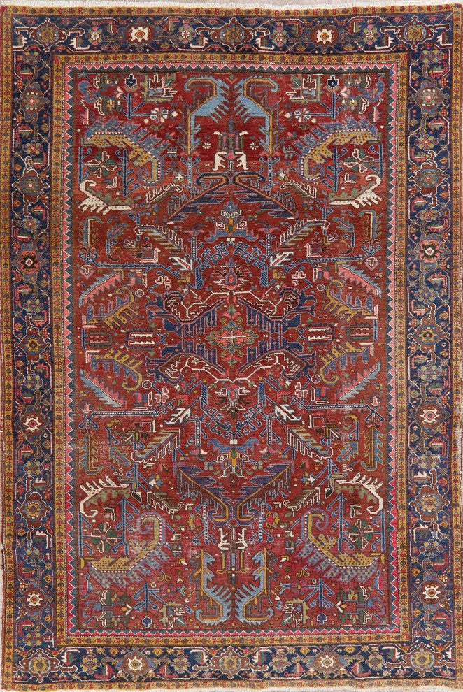 Consigned, Persian Oriental Antique Handmade Low Pile Carpet, Red, 10'4"X7'0"